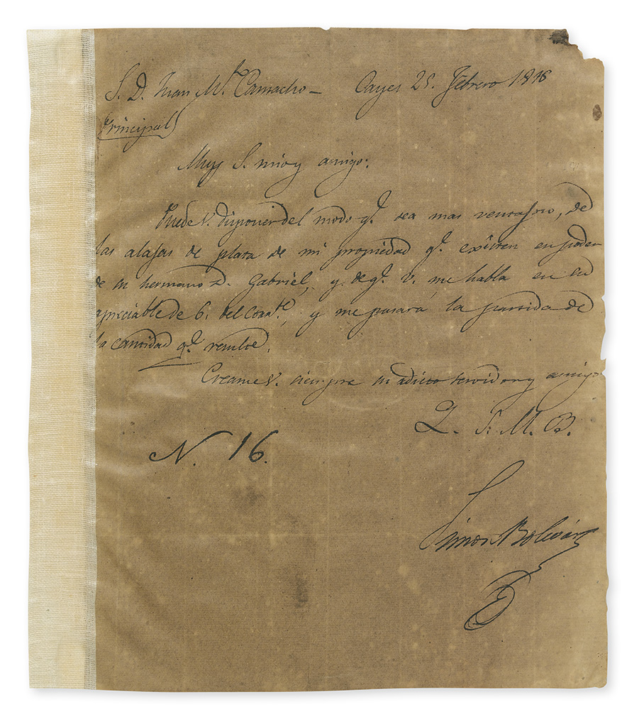 BOLÍVAR, SIMÓN. Letter Signed, to Juan W. Camacho, in Spanish,